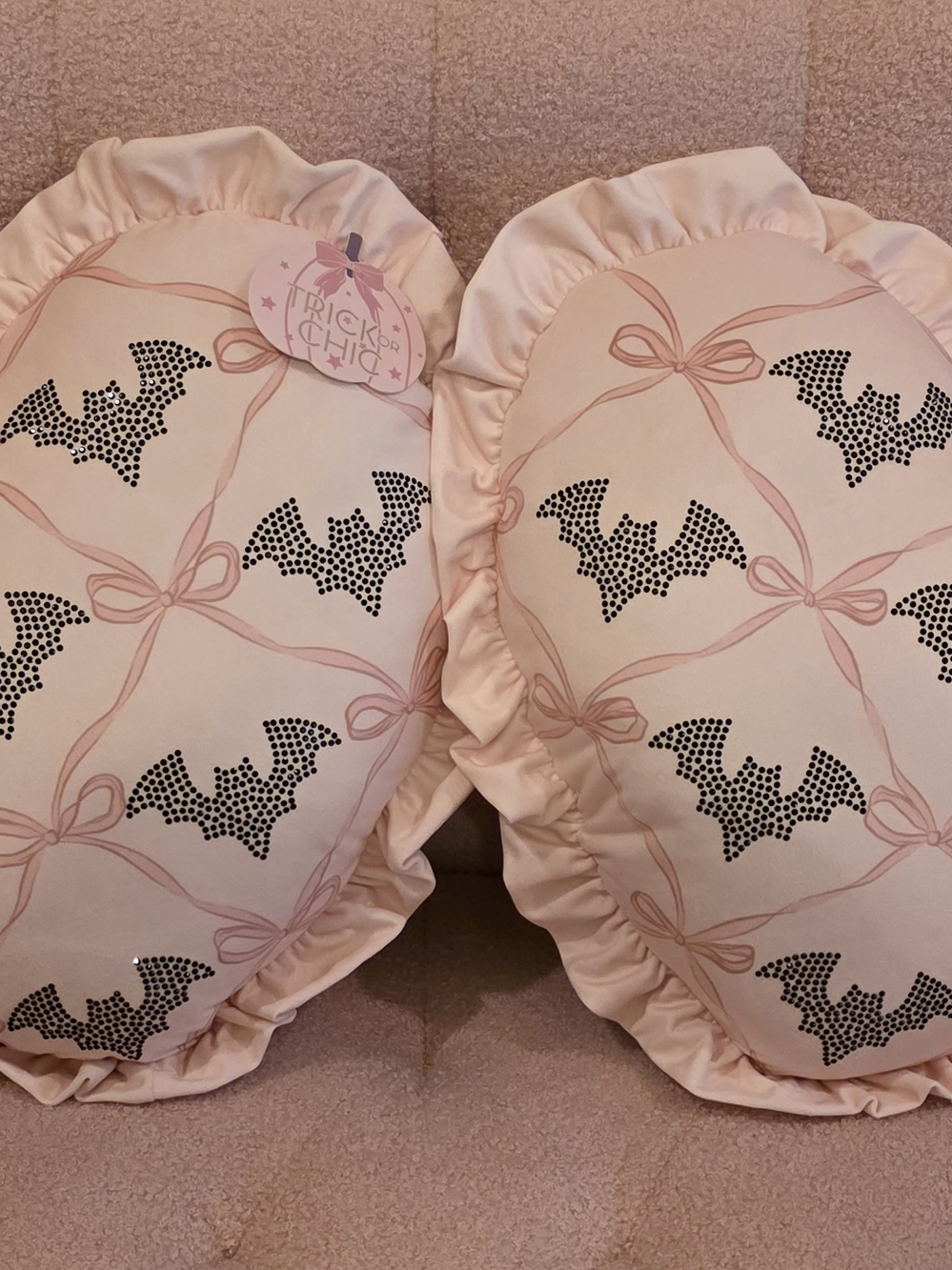 Trick or Chic Pink Bat Print Holiday Pillow